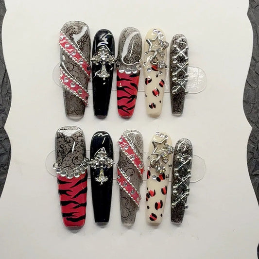 "Zebra Print Belt" Lace Rose Pink Belt, Sexy Girl Style Zebra Print Hand-Painted Handmade Press-On Nails