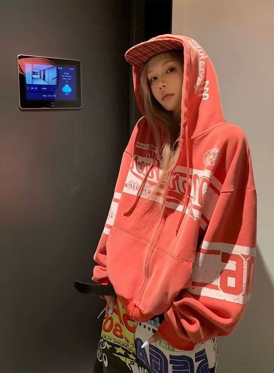 American retro letter print hooded cardigan sweatshirt, unisex loose-fitting versatile hoodie, dopamine jacket top