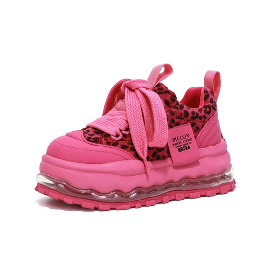 玫红豹纹增高跑鞋