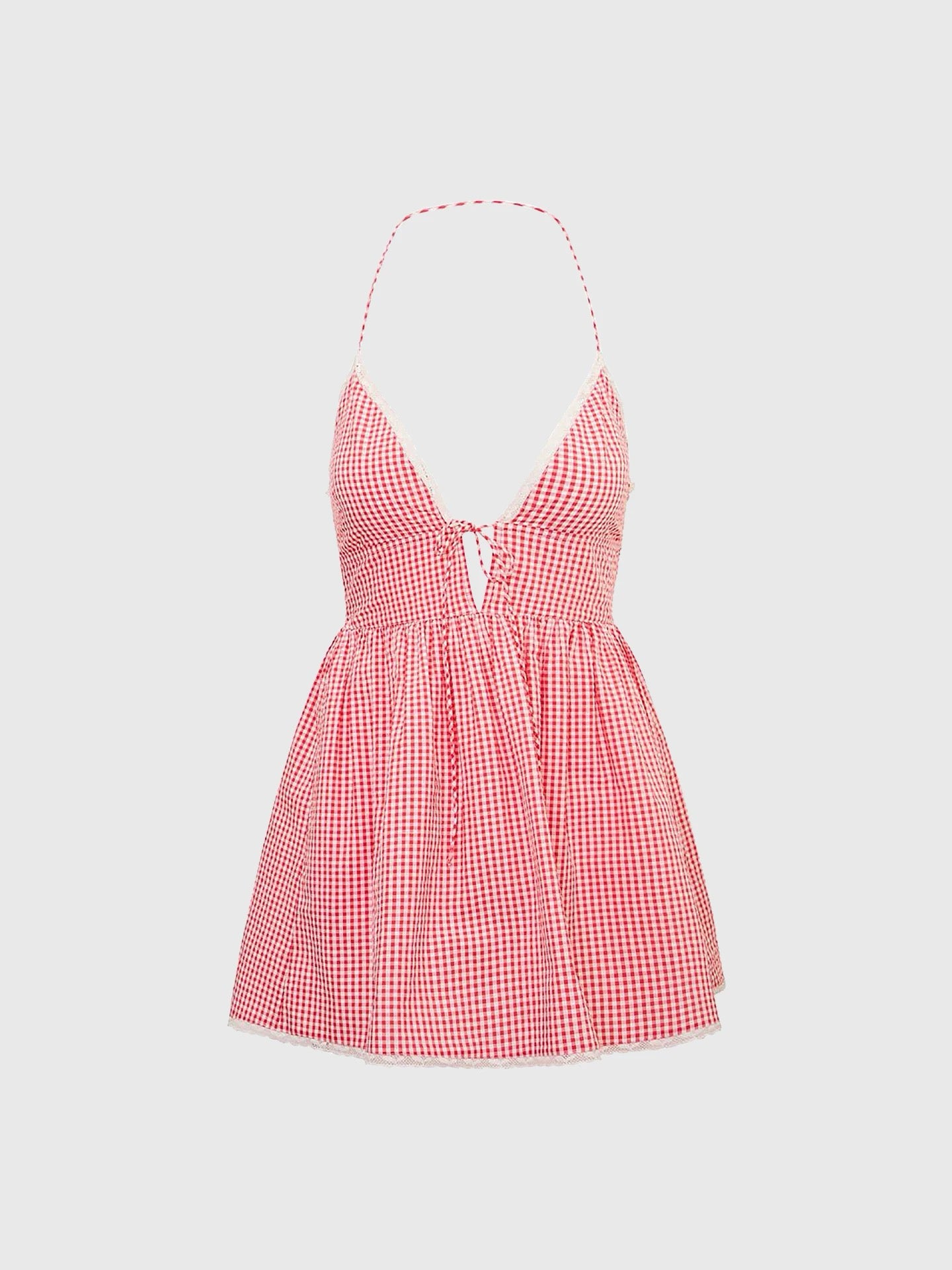 2026/spring Pink and white checkered halter-neck sexy dress