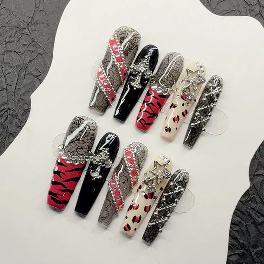 "Zebra Print Belt" Lace Rose Pink Belt, Sexy Girl Style Zebra Print Hand-Painted Handmade Press-On Nails