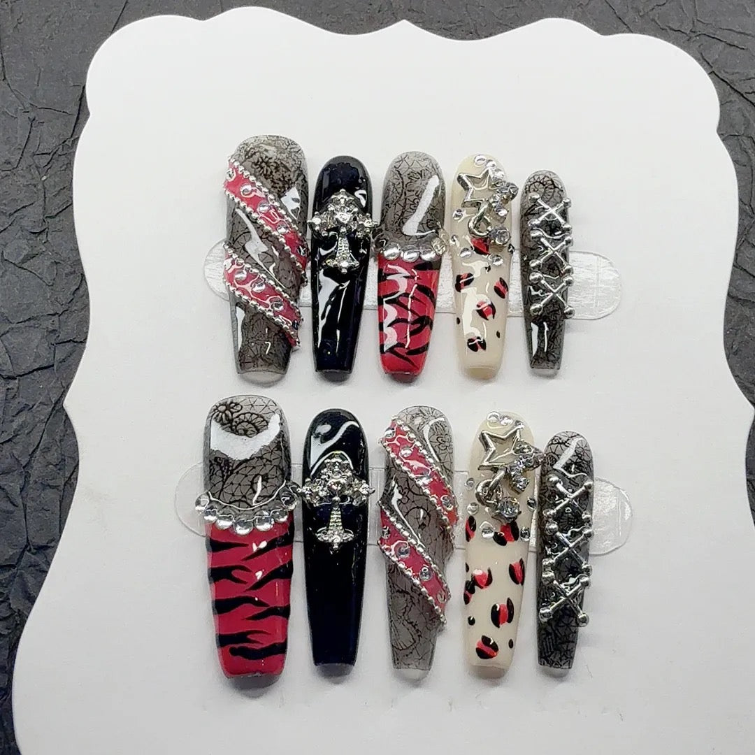 "Zebra Print Belt" Lace Rose Pink Belt, Sexy Girl Style Zebra Print Hand-Painted Handmade Press-On Nails