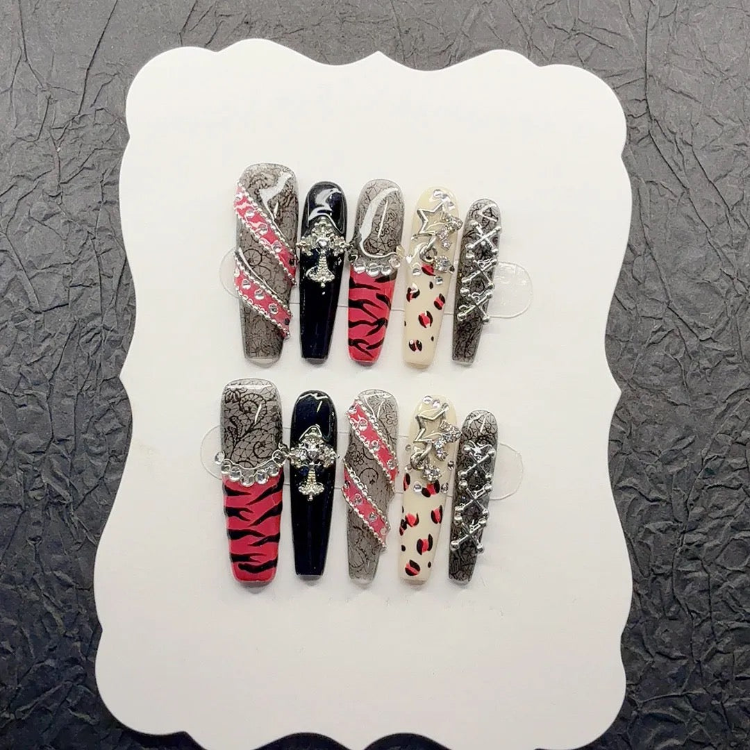 "Zebra Print Belt" Lace Rose Pink Belt, Sexy Girl Style Zebra Print Hand-Painted Handmade Press-On Nails