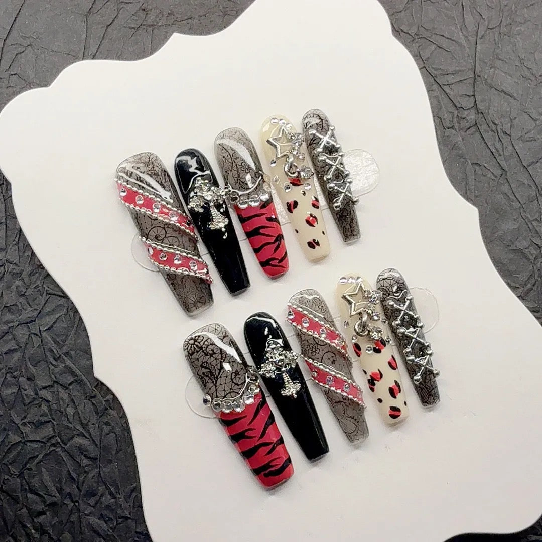 "Zebra Print Belt" Lace Rose Pink Belt, Sexy Girl Style Zebra Print Hand-Painted Handmade Press-On Nails